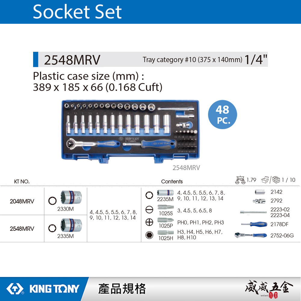 KING TONY 金統立｜2分 手動 長型套筒組 1/4" 兩分 六角套筒扳手組 48件式｜2548MRV