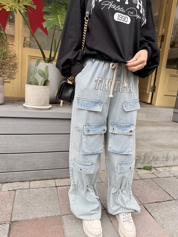 『L號』刺繡英字亮片工裝牛仔褲