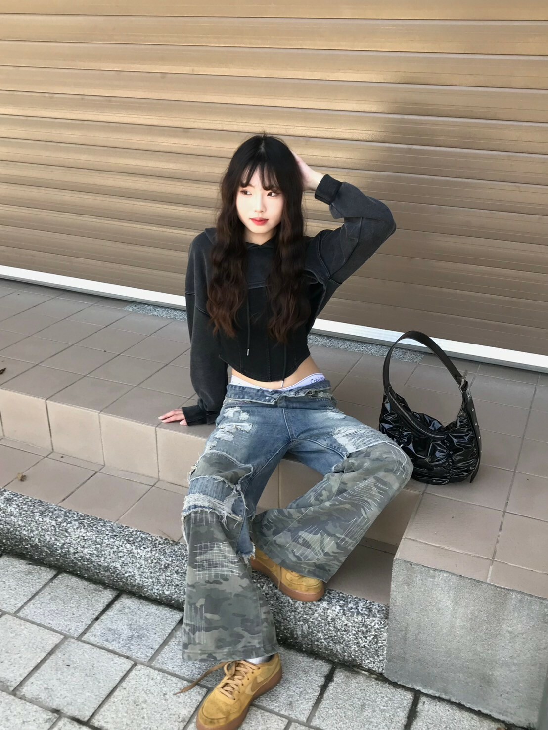 水洗短版連帽坎肩+吊帶set