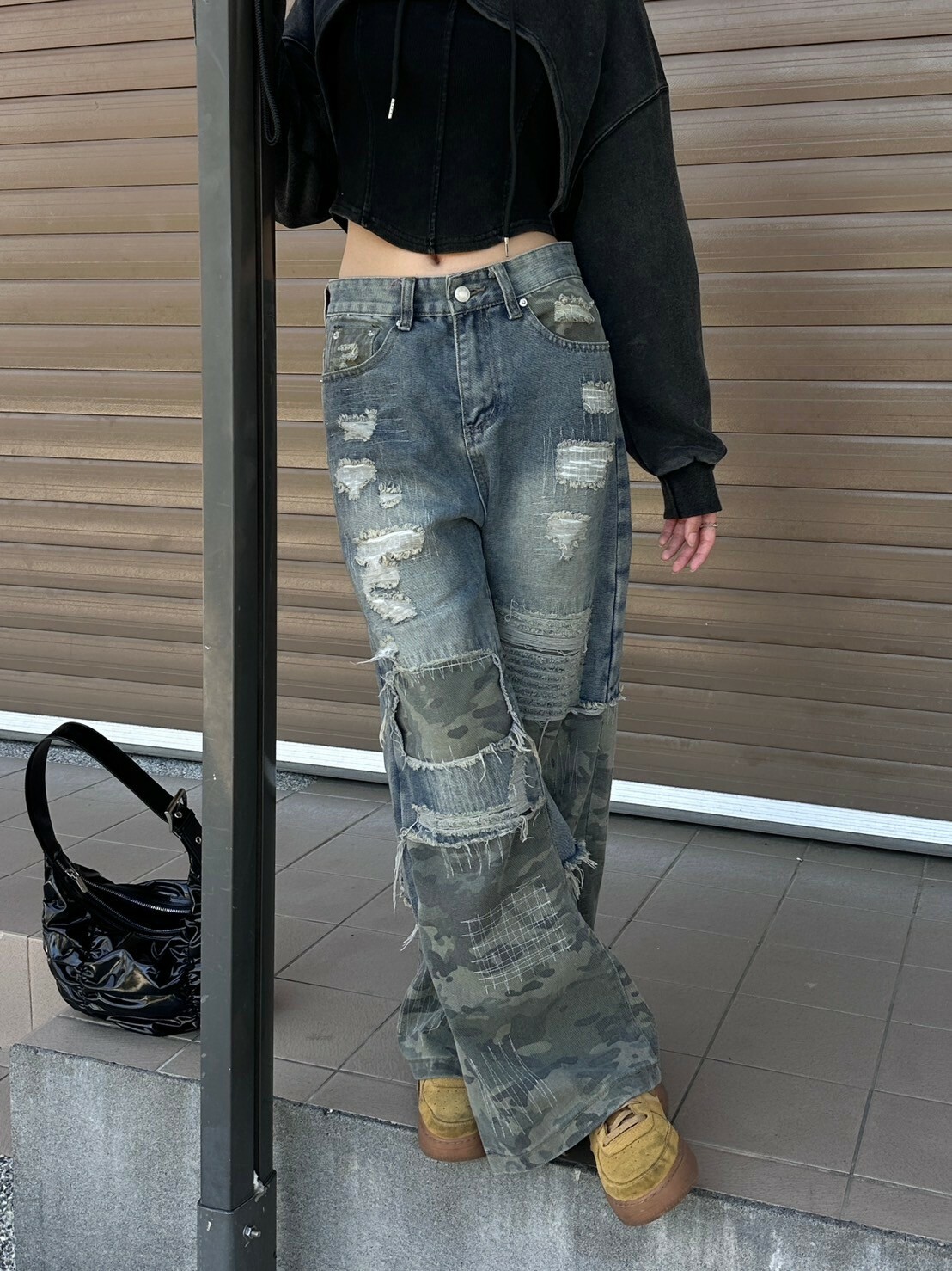 純硬帥💥 刷破迷彩拼接 做舊直筒牛仔褲