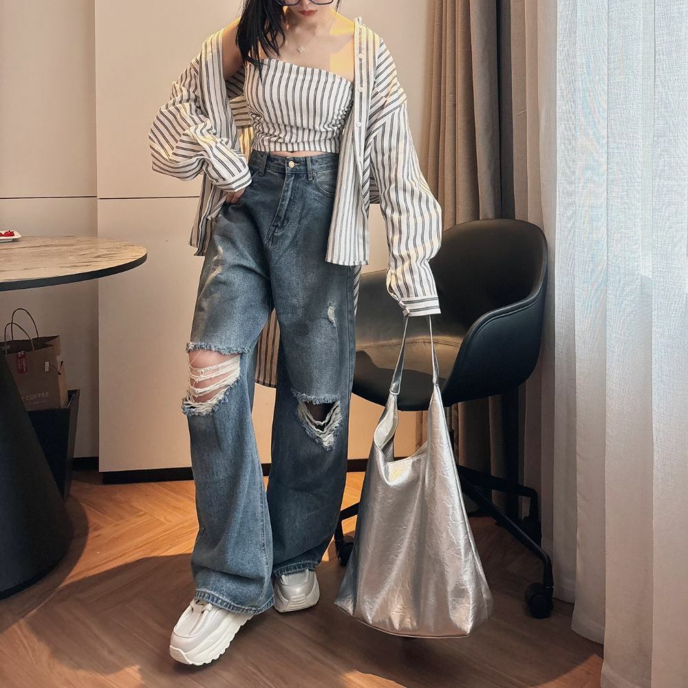 【博主出街感】DOMISS寬鬆刷破牛仔長褲S-L (現貨)