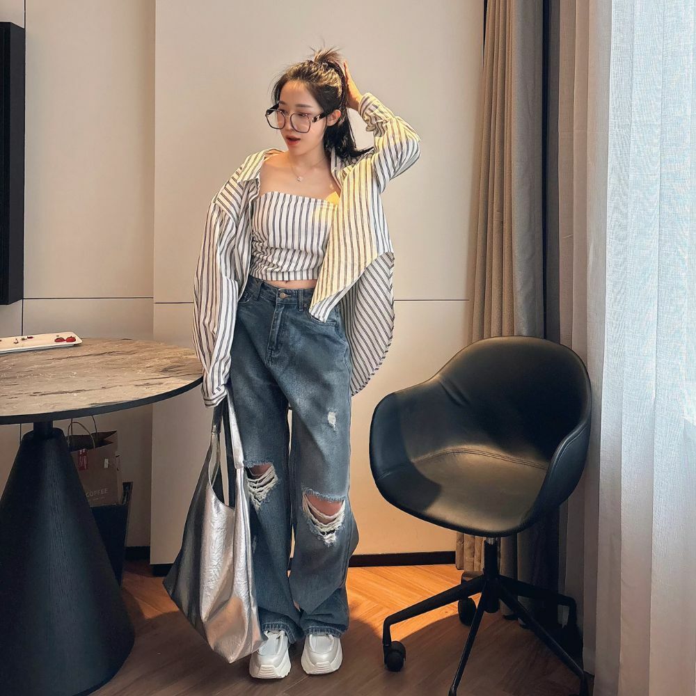 【博主出街感】DOMISS寬鬆刷破牛仔長褲S-L (現貨)