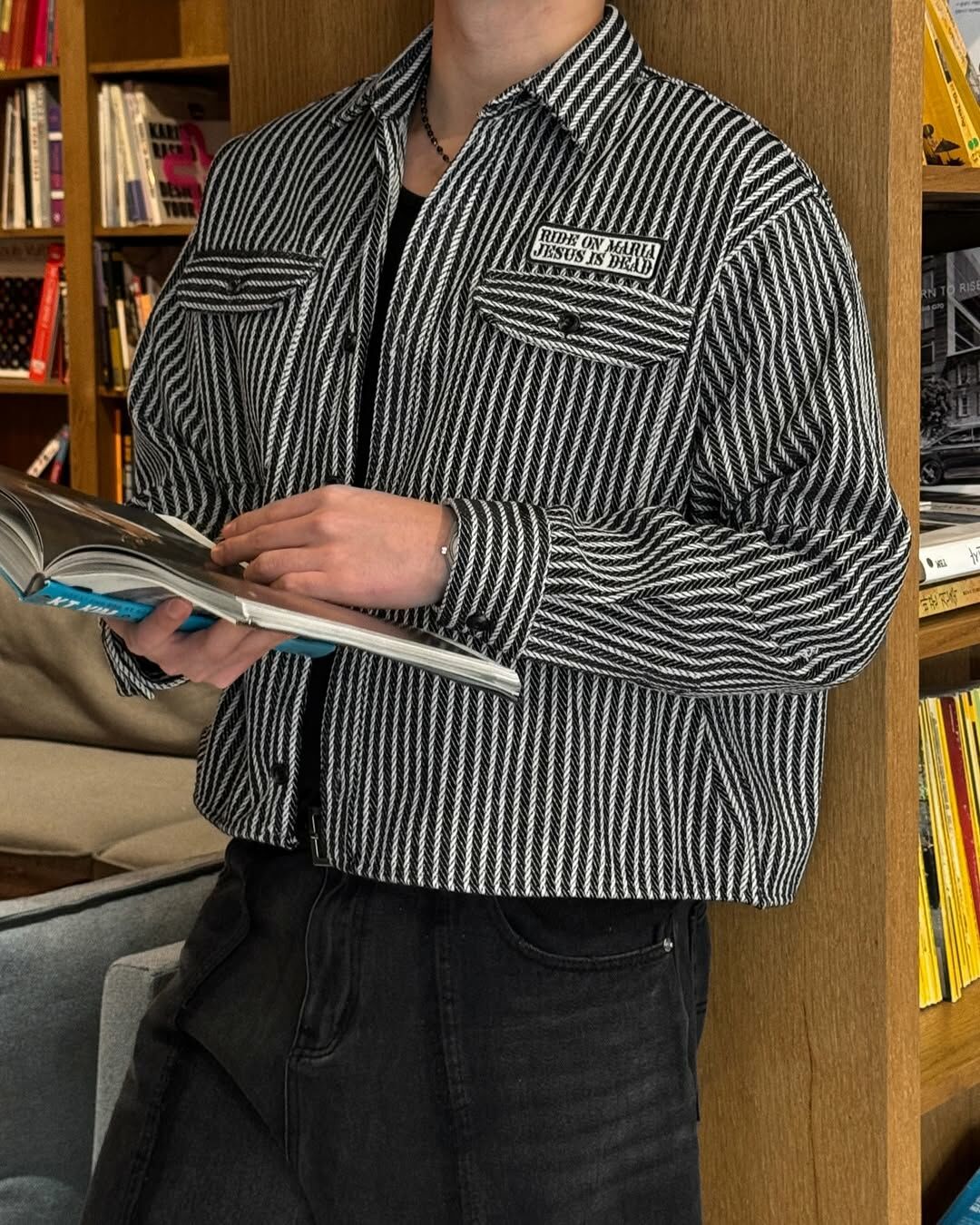 牛仔條紋補丁短款夾克