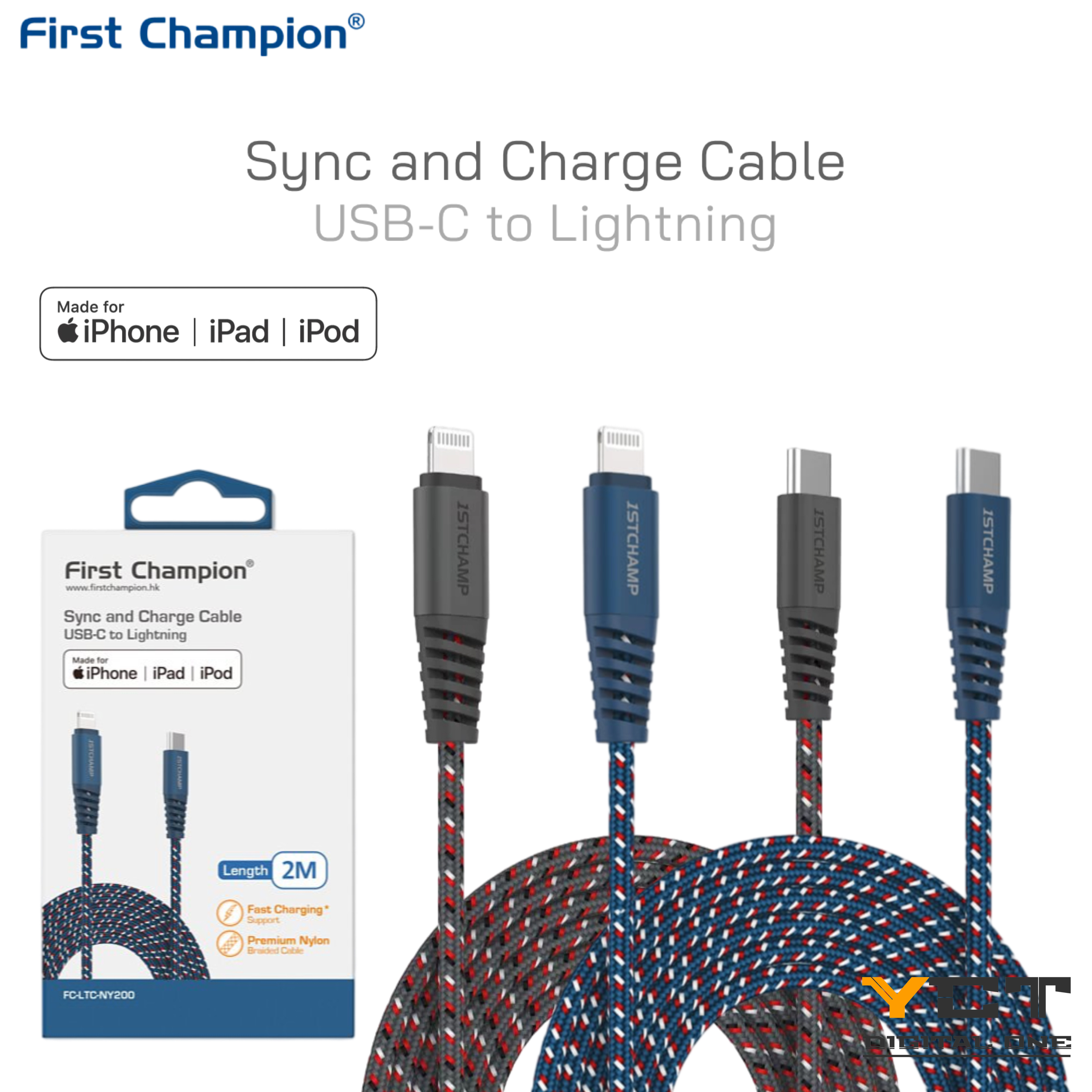 First Champion USB-C 至 Lightning 數據充電線(MFi), 尼龍編織 200cm, LTC-NY200