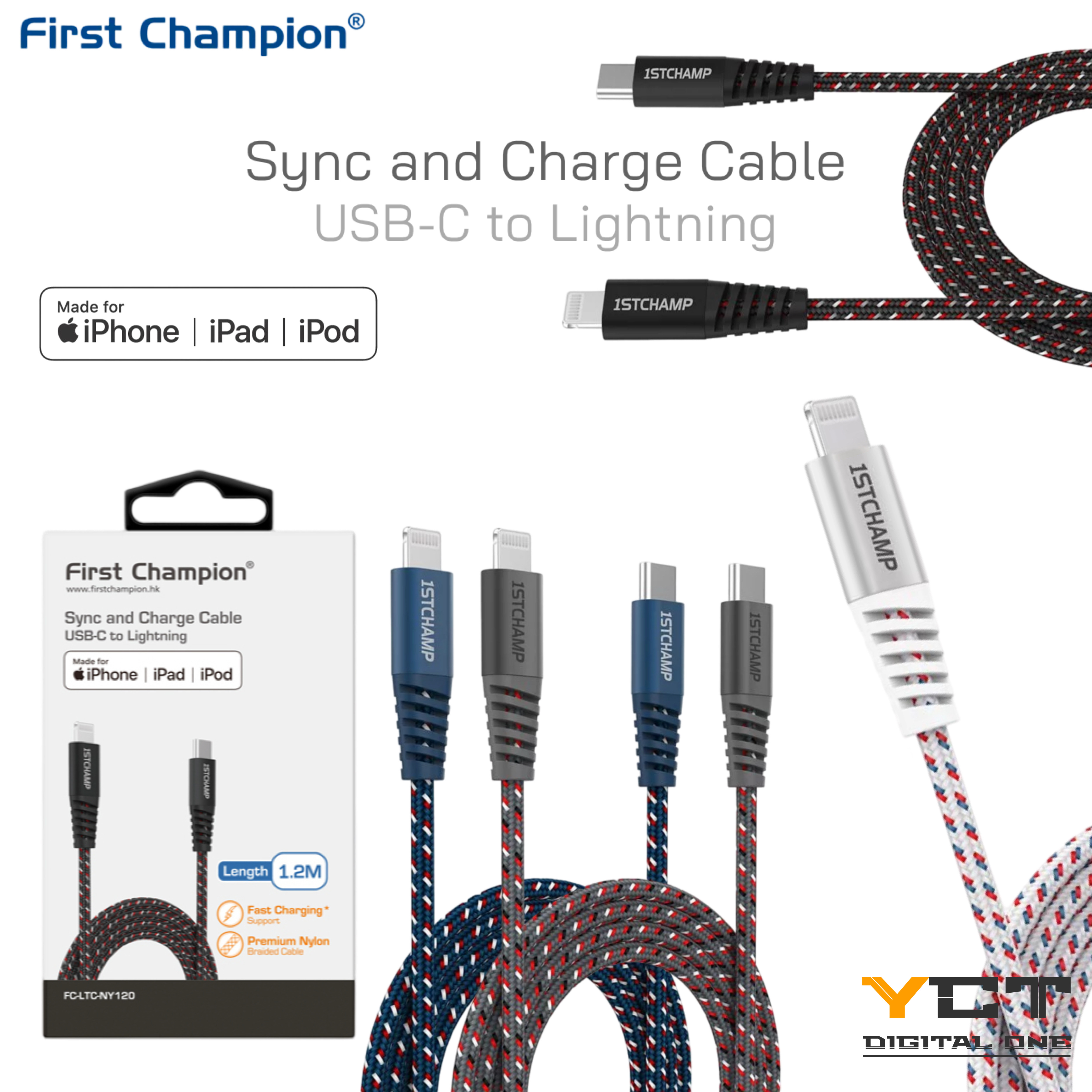 First Champion USB-C 至 Lightning 數據充電線(MFi), 尼龍編織 120cm, LTC-NY120