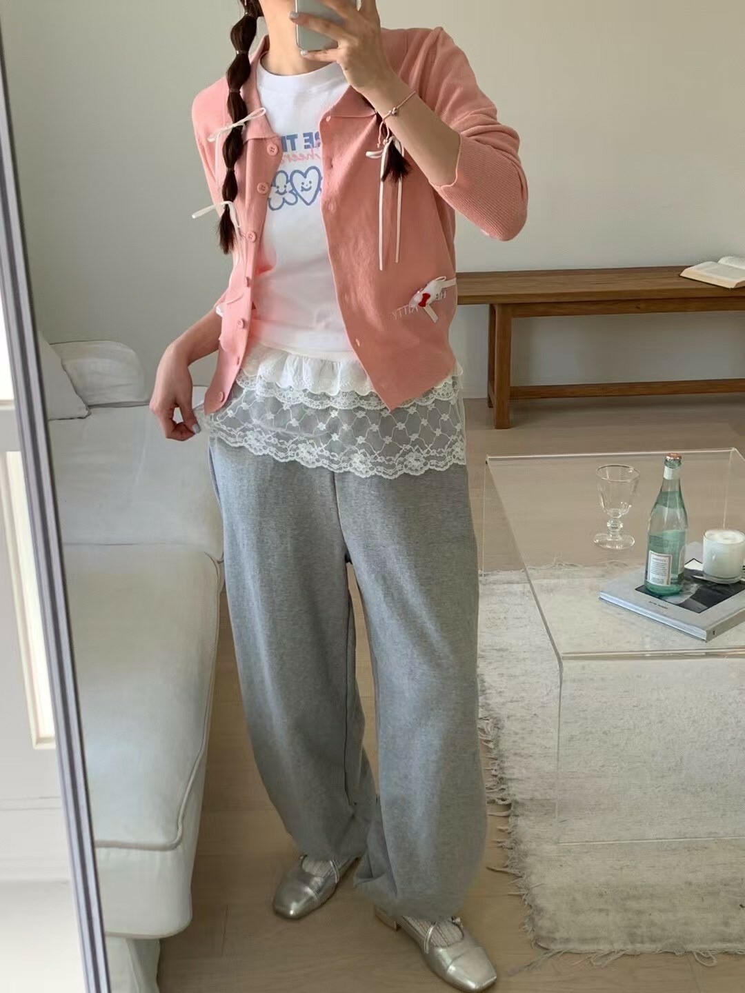 白蕾絲網圍休閒縮腳褲