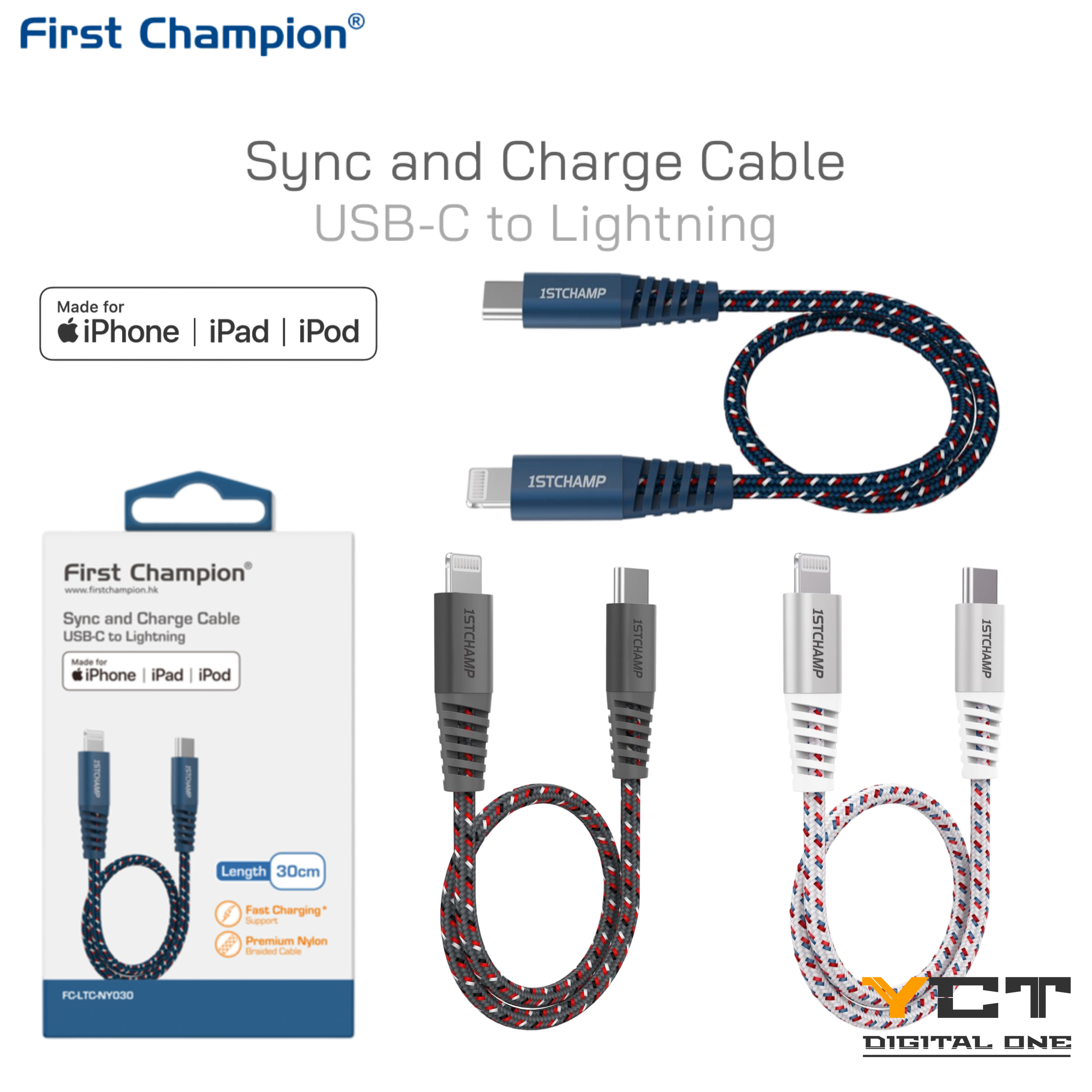 First Champion USB-C 至 Lightning 數據充電線(MFi), 尼龍編織 30cm, LTC-NY030