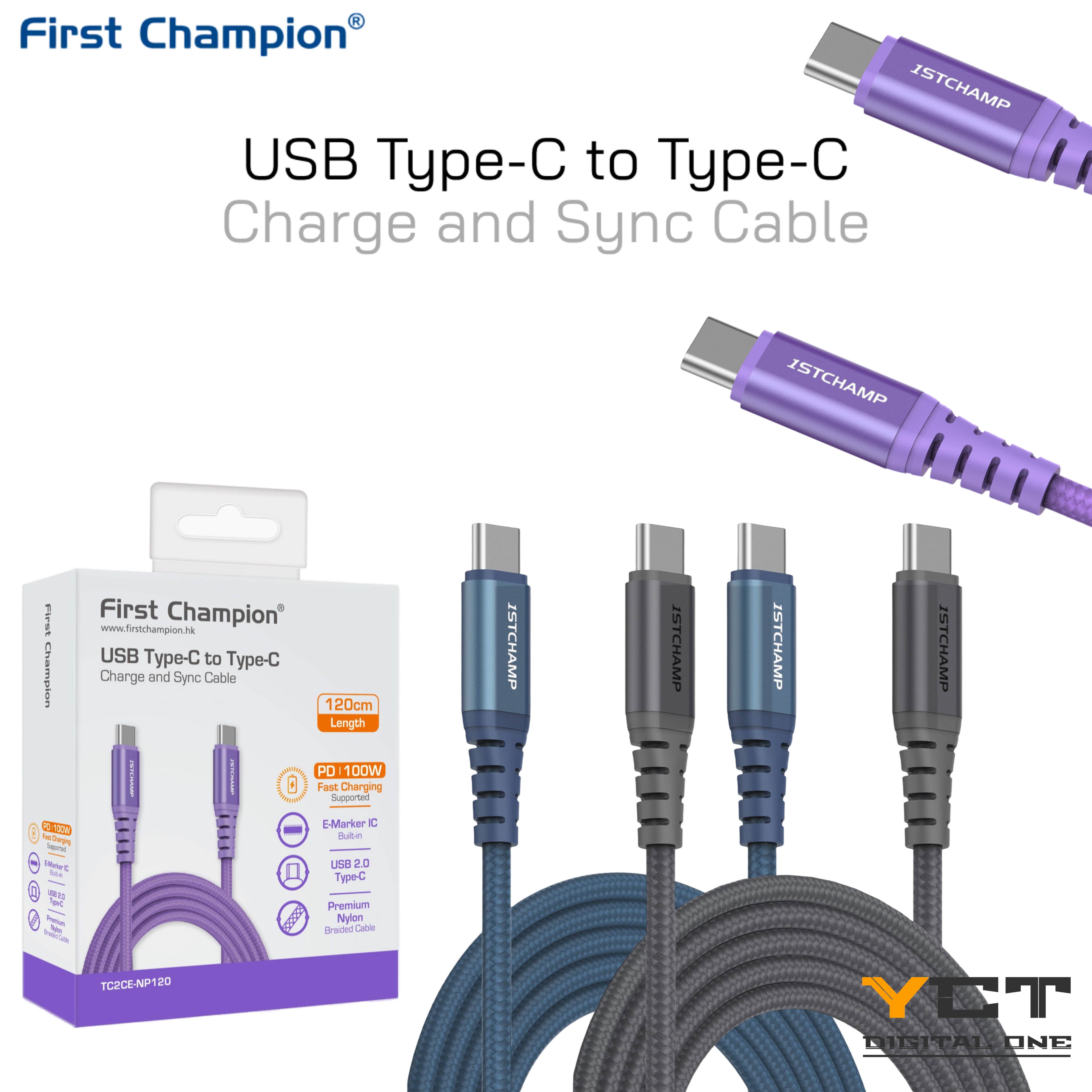 First Champion USB Type-C to Type-C 連接線, 100W, 120cm, 尼龍編織 , TC2CE-NP120