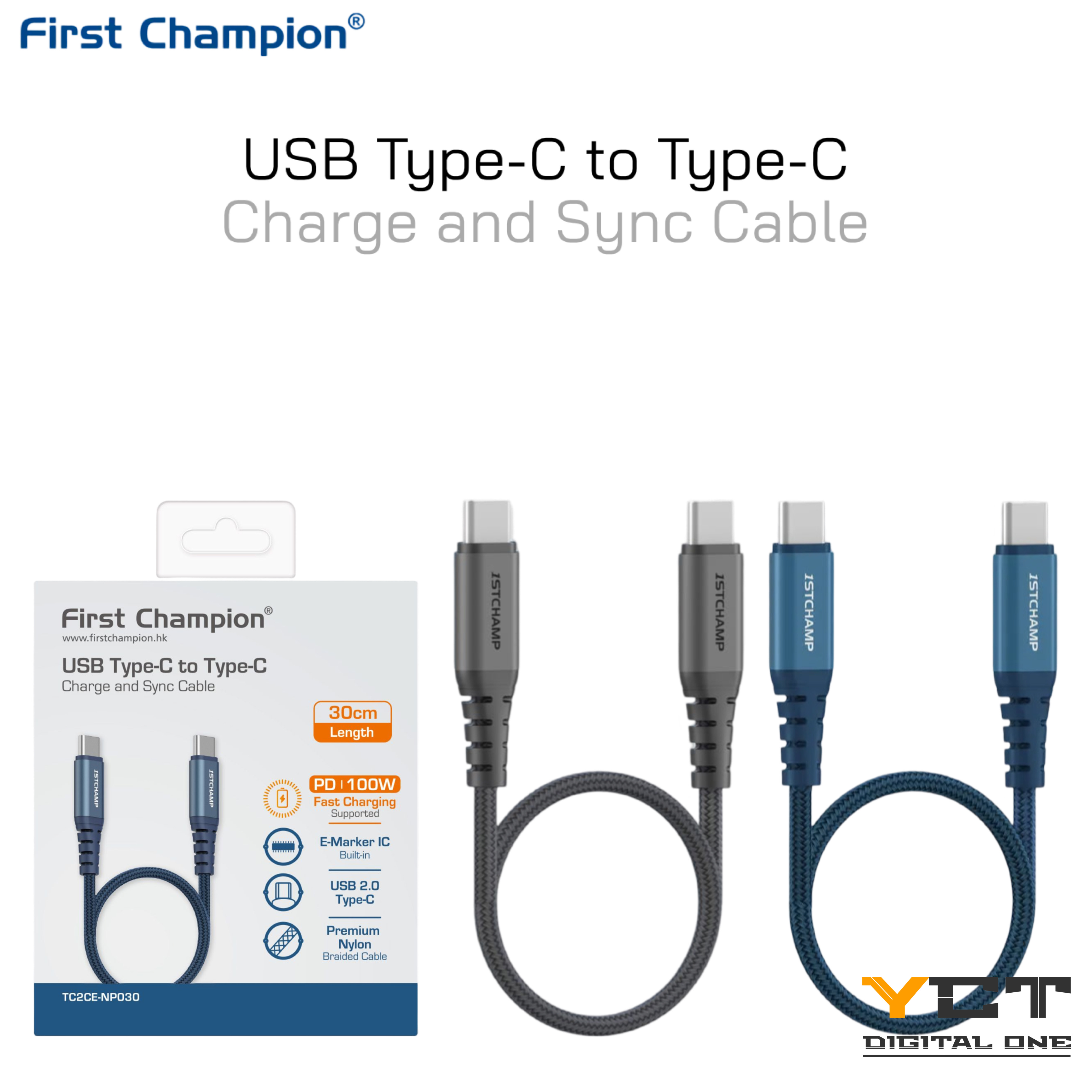 First Champion USB Type-C to Type-C 連接線, 100W, 30cm, 尼龍編織, TC2CE-NP030