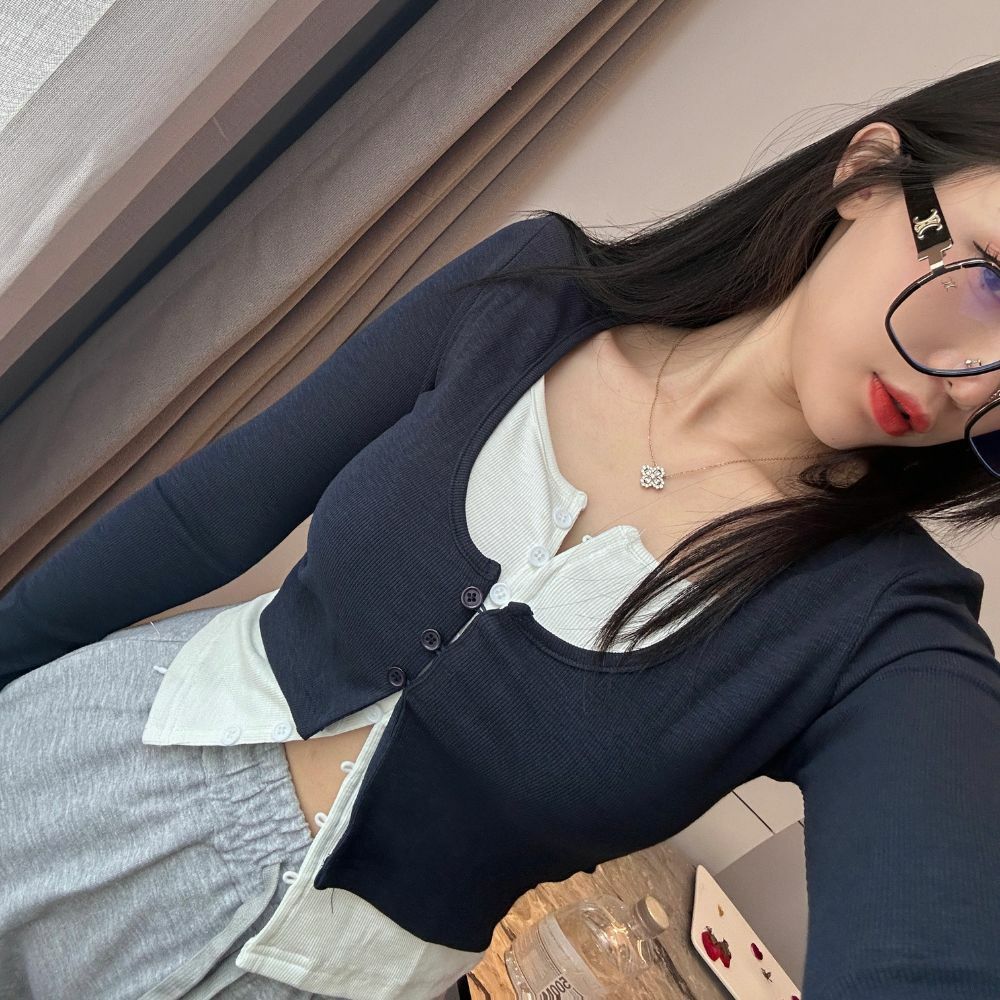 【限量】爆款! 拚色假兩件排釦上衣-3色 (現貨)