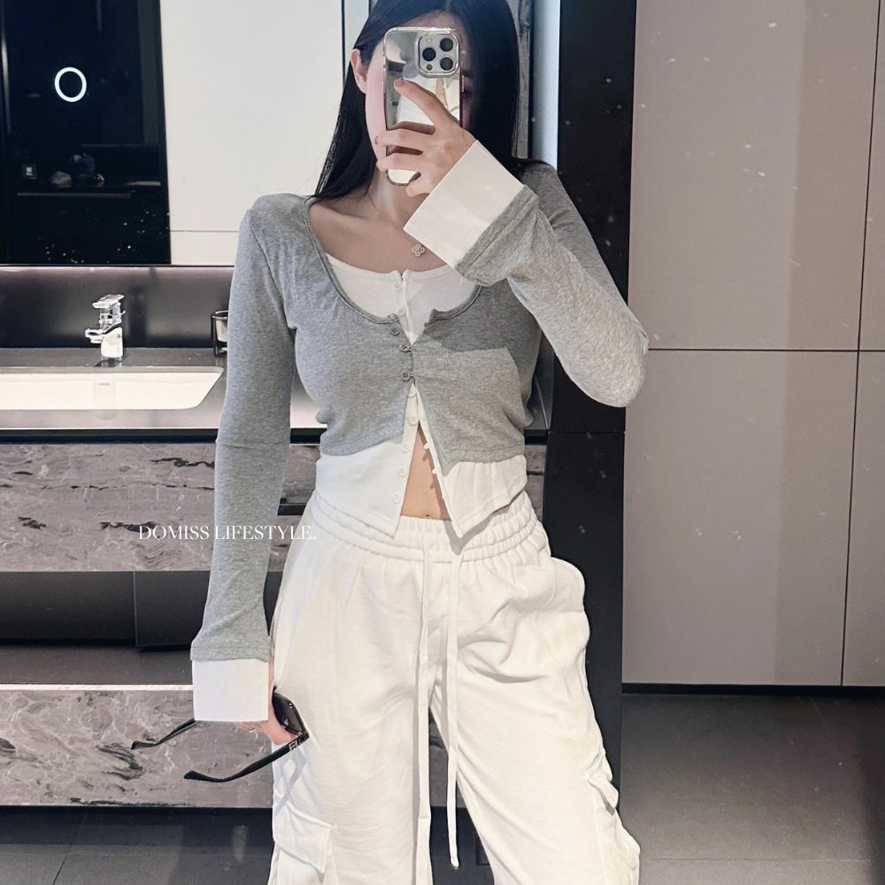 【限量】爆款! 拚色假兩件排釦上衣-3色 (現貨)