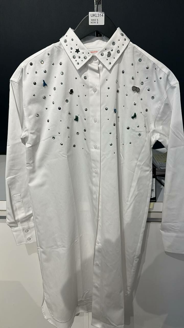 [U] KARL LAGERFELD WOMEN'S EMBELLISHED COTTON POPLIN SHIRT,WHITE, L4TB9906-WHT (UKL314)