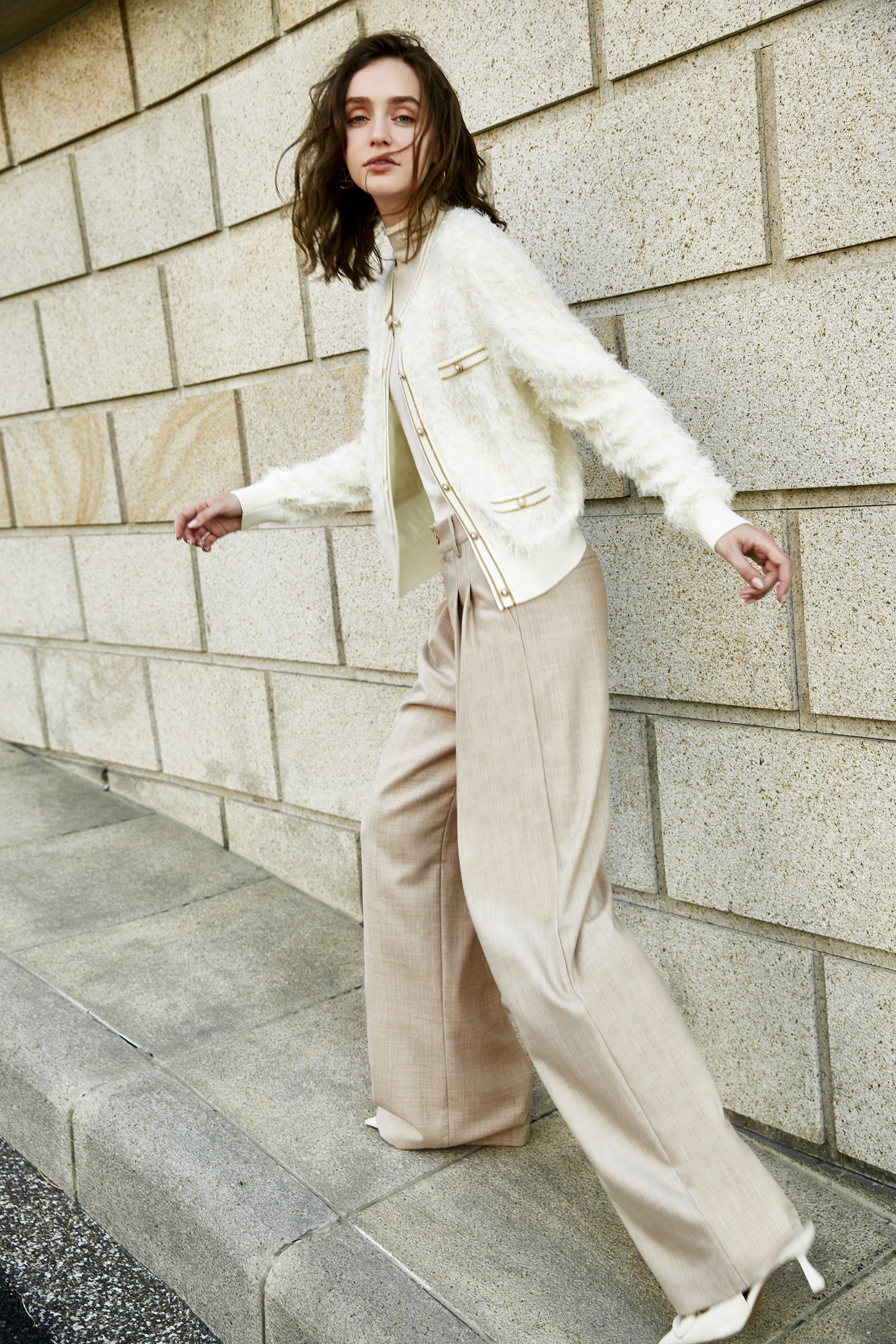 BD15108B1 卡其混色絲毛打摺正裝寬褲