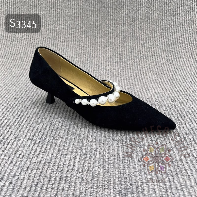 S3345 - 真皮羊皮純色珍珠一字帶尖頭高踭鞋