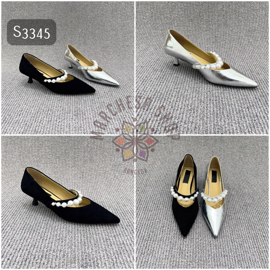 S3345 - 真皮羊皮純色珍珠一字帶尖頭高踭鞋