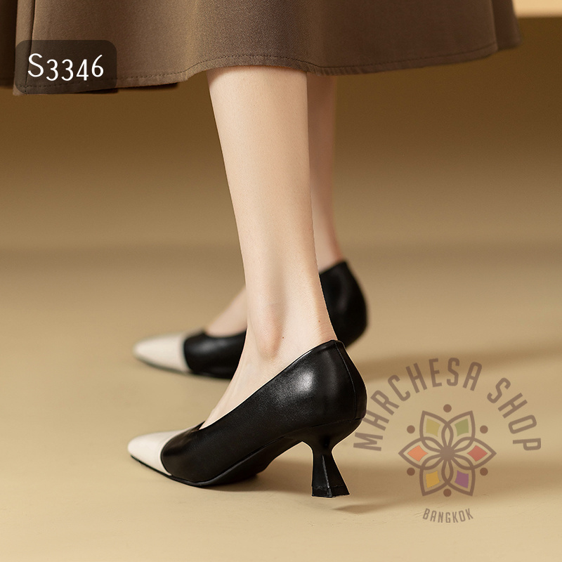 S3346 - 真皮羊皮拼色方頭高踭鞋