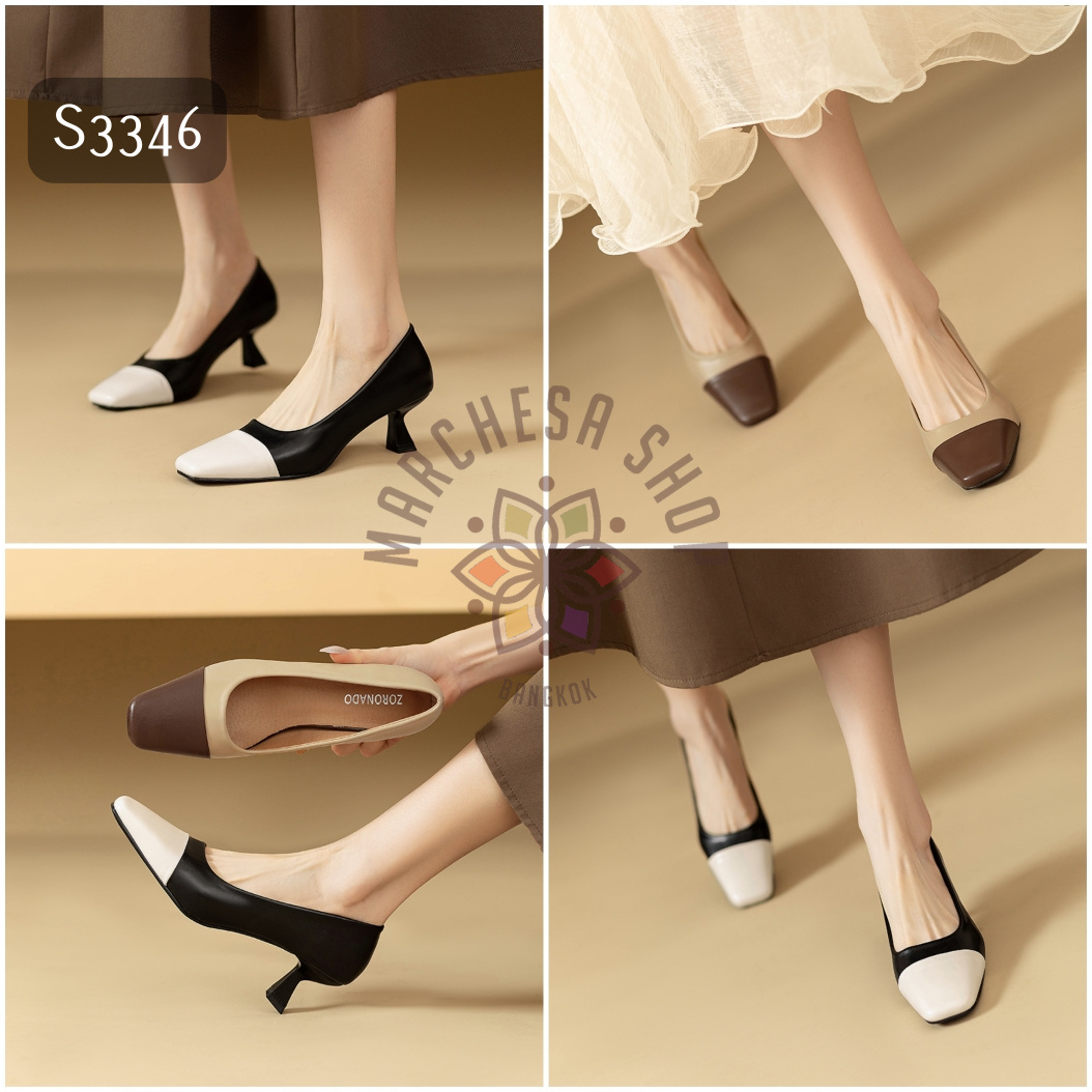 S3346 - 真皮羊皮拼色方頭高踭鞋