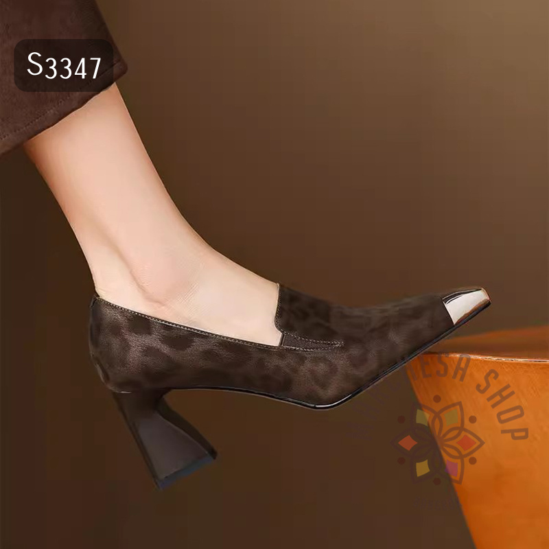 S3347 - 真皮羊皮豹紋暗紋金屬鞋頭尖方頭高踭鞋