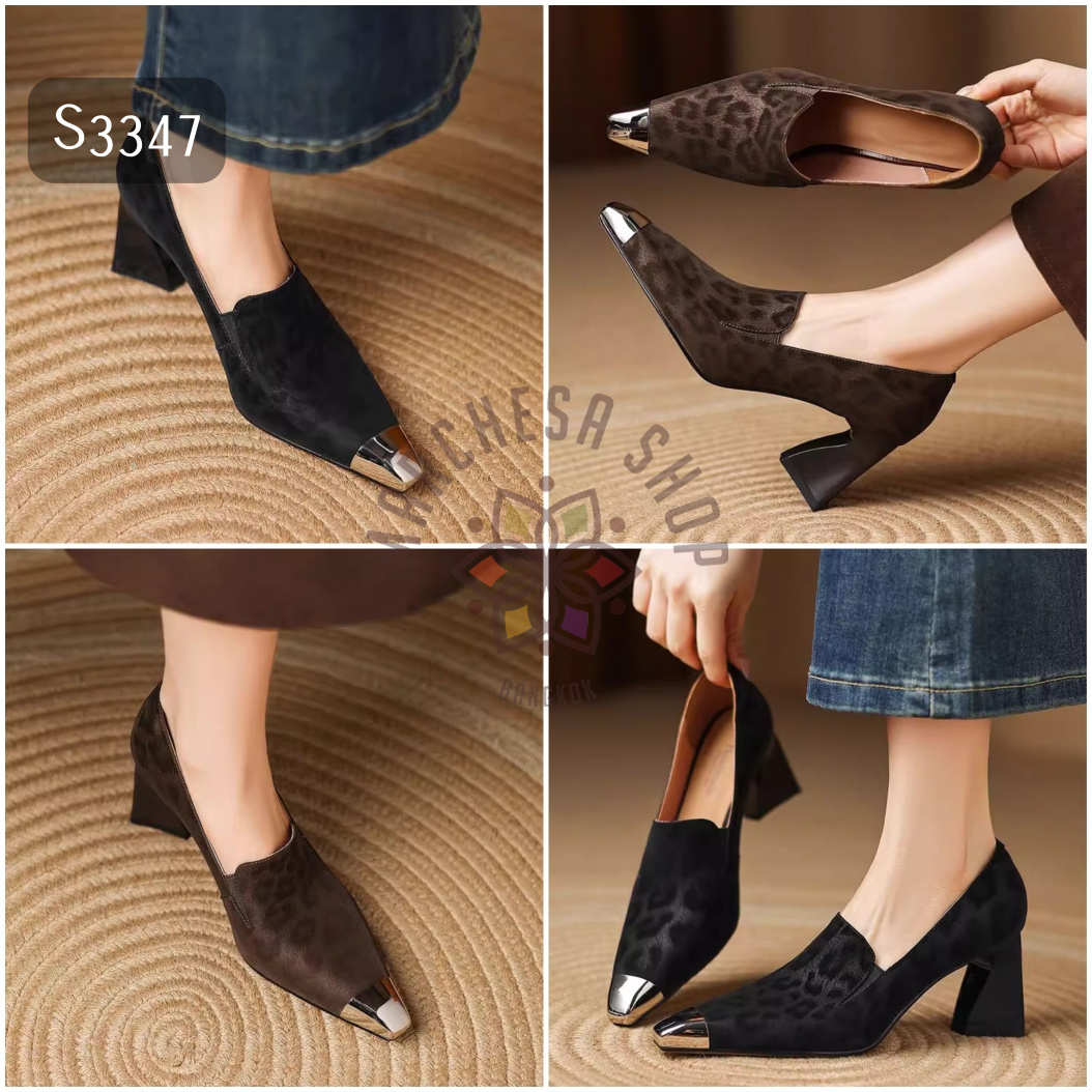 S3347 - 真皮羊皮豹紋暗紋金屬鞋頭尖方頭高踭鞋