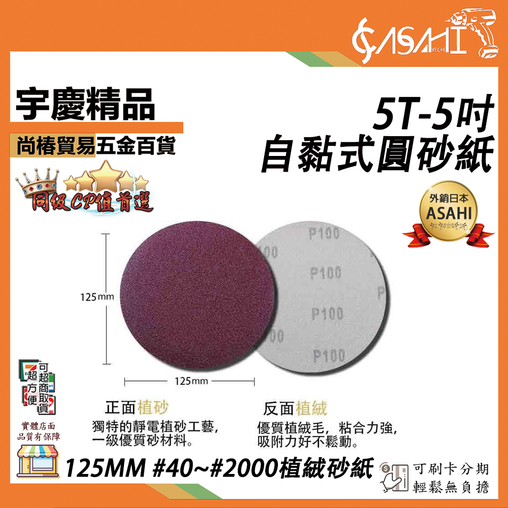 附發票｜5T-5吋自黏式圓砂紙｜125MM #40~#2000植絨砂紙 圓砂紙 黏扣砂紙 魔鬼氈