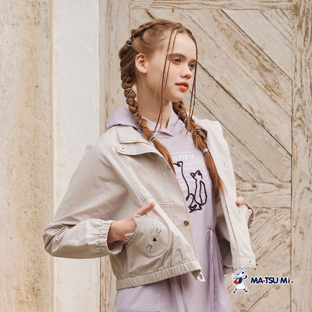 MA‧TSU Mi 撞色車線立領貓咪造型口袋外套(藍.淺灰)