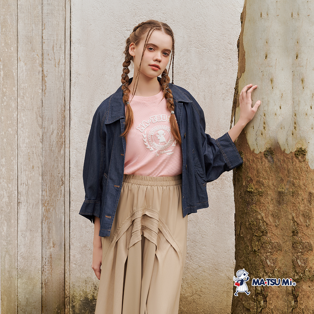 MA‧TSU Mi 翻領開襟落肩寬袖異材質拼接外套(深藍)