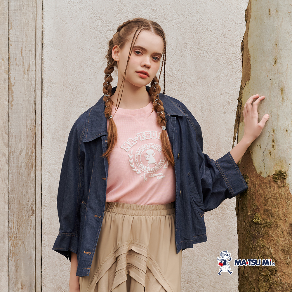 MA‧TSU Mi 翻領開襟落肩寬袖異材質拼接外套(深藍)