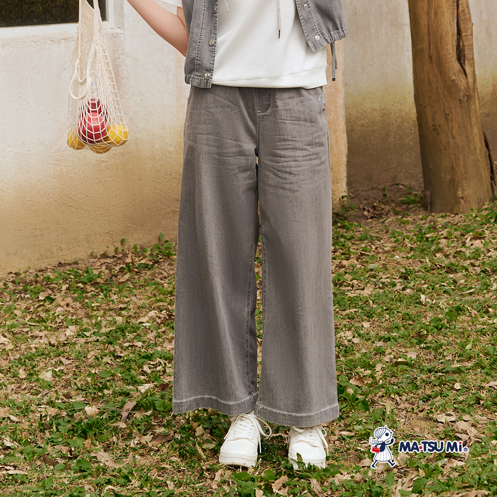 MA‧TSU Mi 撞色線貓咪造型口袋鬆緊帶寬褲(深灰)