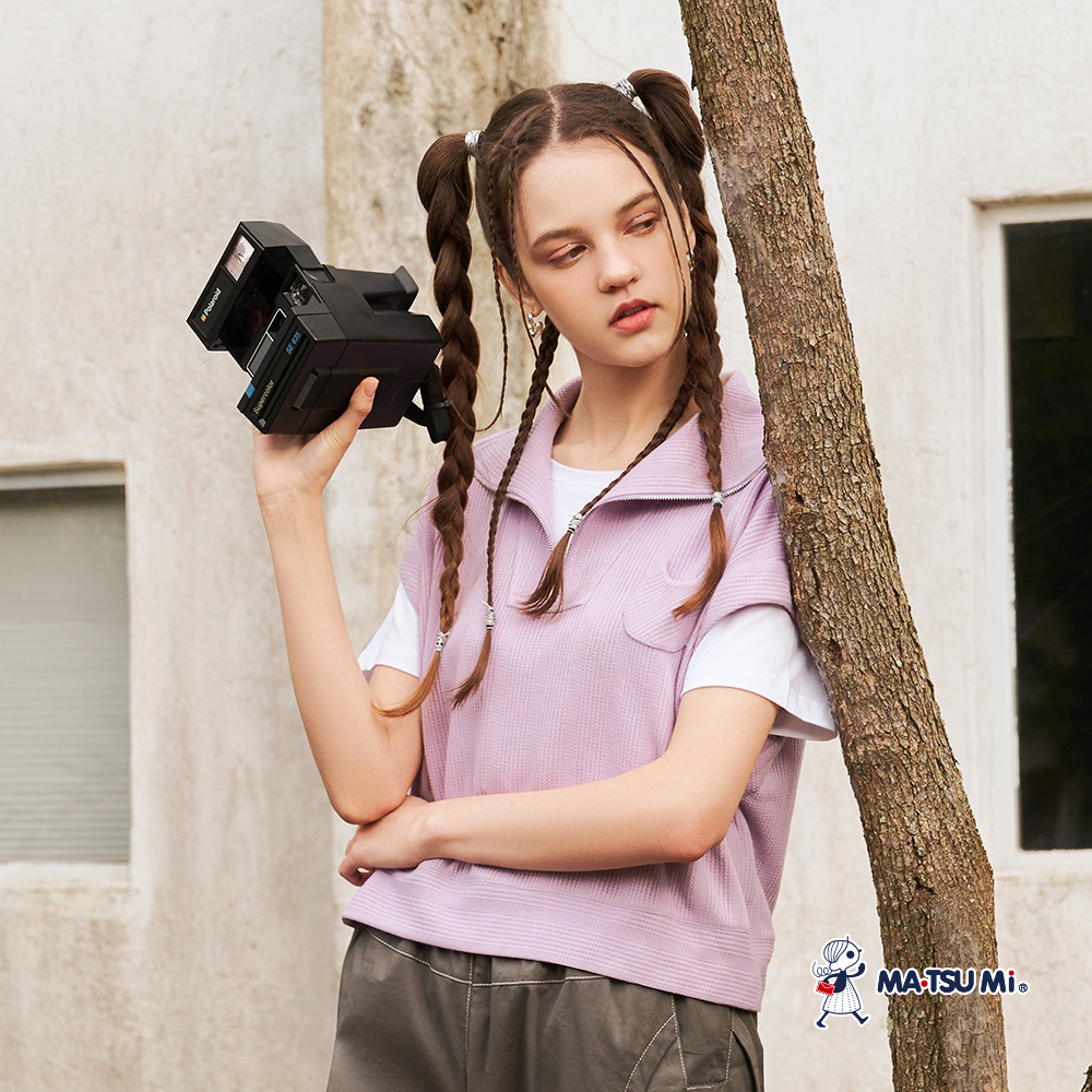 MA‧TSU Mi 翻領拉鍊設計貓咪口袋短版上衣(粉紫.淺灰)