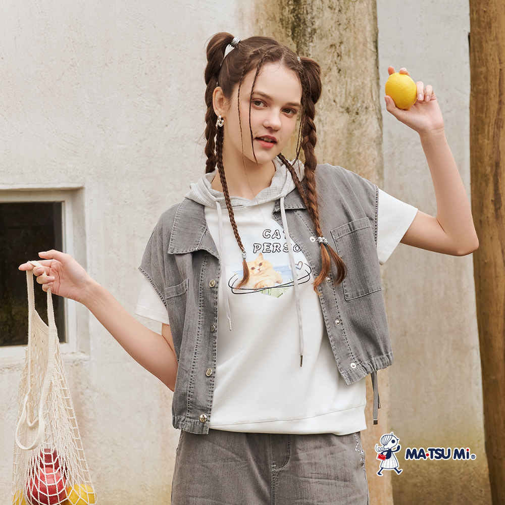 MA‧TSU Mi 俏皮貓咪印圖撞色連帽上衣(白.粉紫)