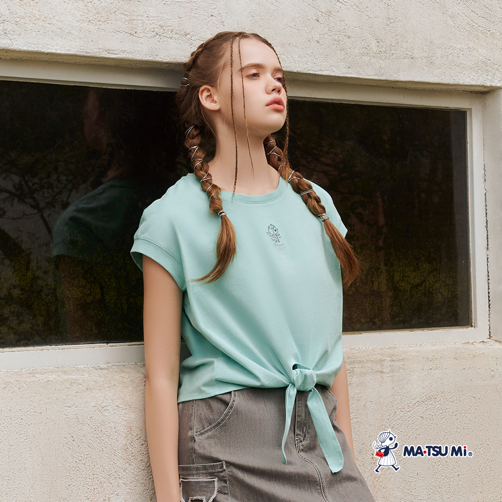 MA‧TSU Mi 休閒微落肩蝴蝶結造型短版上衣(草綠.深灰)