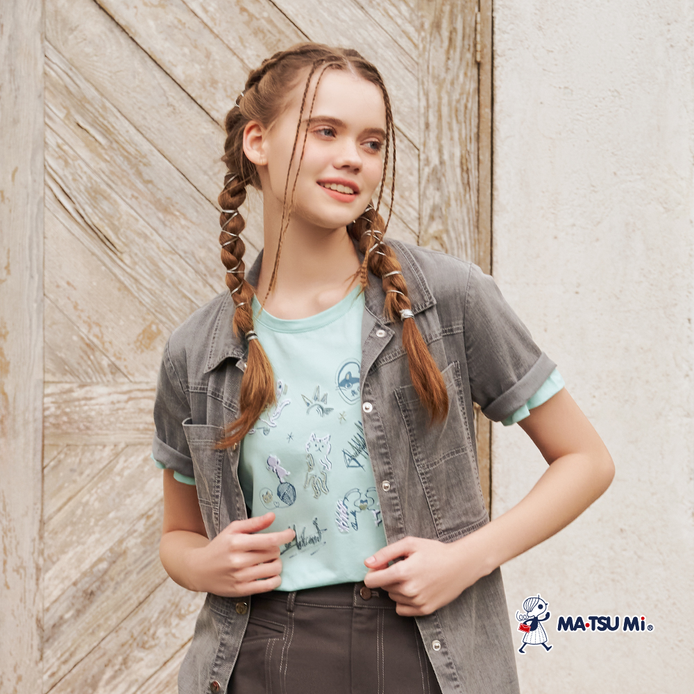 MA‧TSU Mi 貓咪日常插畫設計上衣(白.水藍)