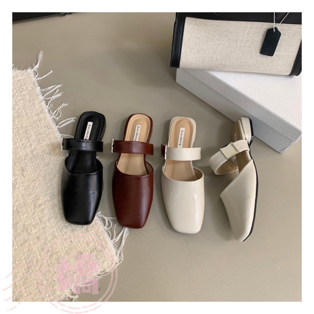 T27007復古方頭一字帶穆勒半拖(黑'白'紅)(225'230'235'240'245)