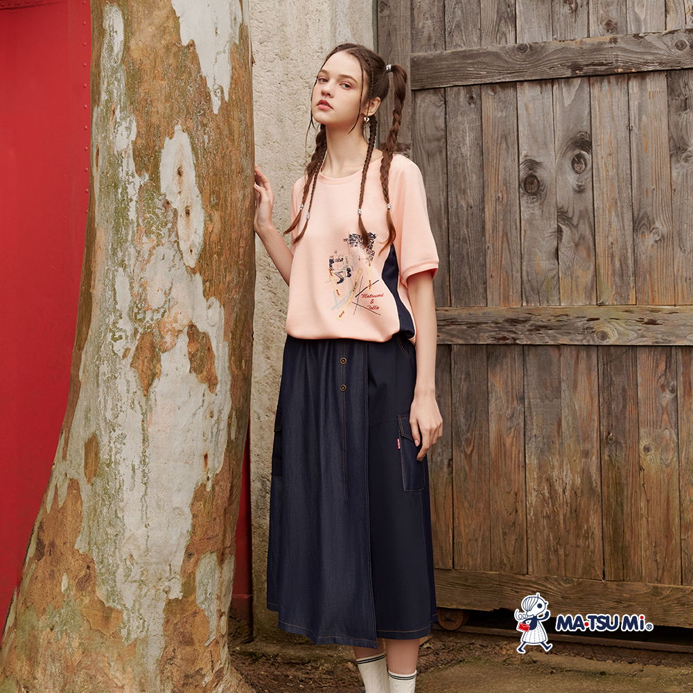 MA‧TSU Mi 聯名設計寬鬆感幾何圖案抽繩上衣(白.粉橘)