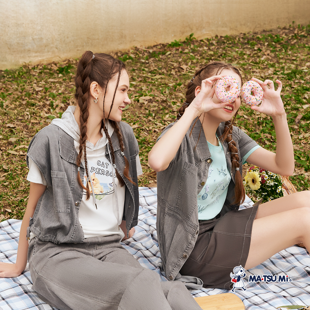 MA‧TSU Mi 牛仔刷色感開襟式貓咪造型釦洋裝(深灰)