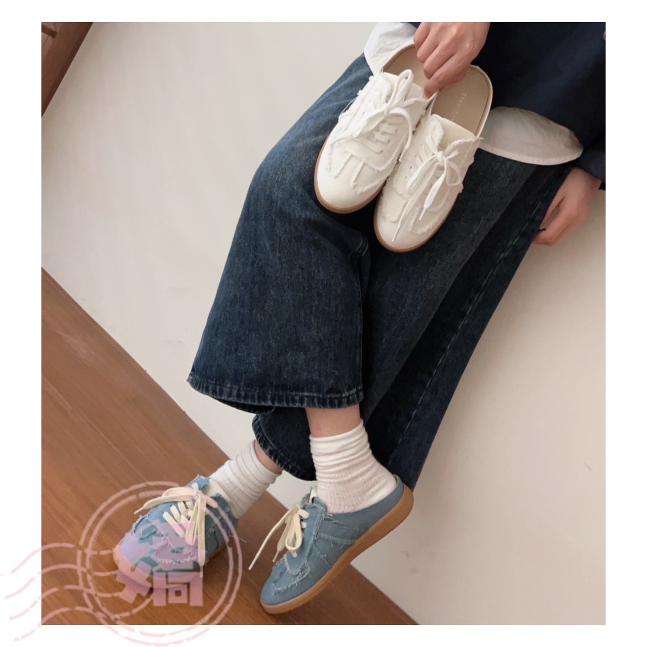 T27008真皮復古毛邊帆布軟Q綁帶半拖(藍'白)(225'230'235'240'245'250)