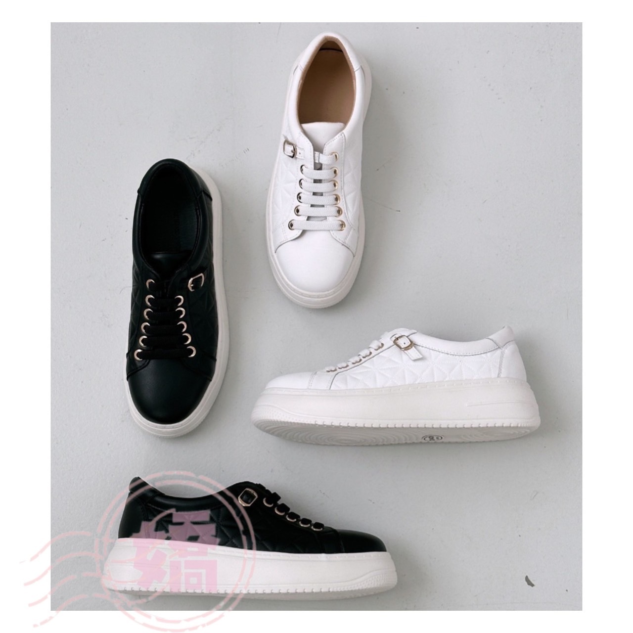 T27009真皮菱格縫線厚底休閒鞋(黑'白)(230'235'240'245'250)