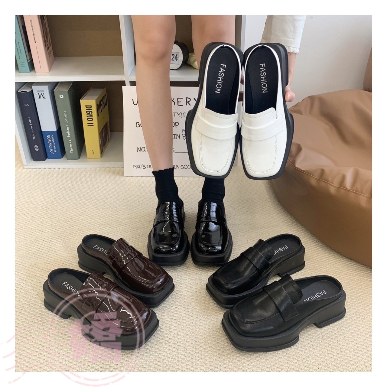 T27012經典方頭穆勒厚底半拖(白'咖'漆皮黑'皮革黑)(225'230'235'240'245'250)