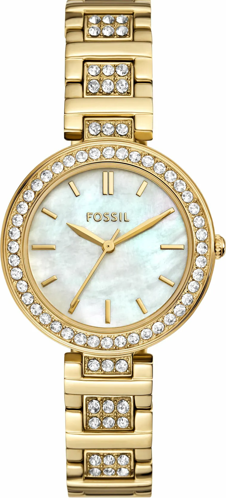 萬年鐘錶 - Fossil   Karli 優雅璨月鑲鑽石英不鏽鋼錶帶女錶  BQ5001 錶徑34MM