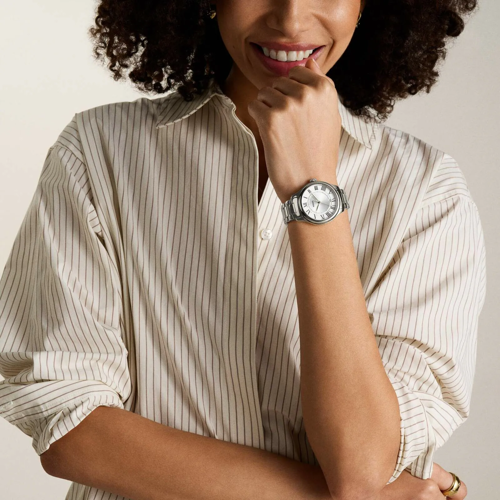 萬年鐘錶 - Fossil    Gilmore 優雅銀飾羅馬數字不鏽鋼錶帶女錶 ES5393 錶徑38MM