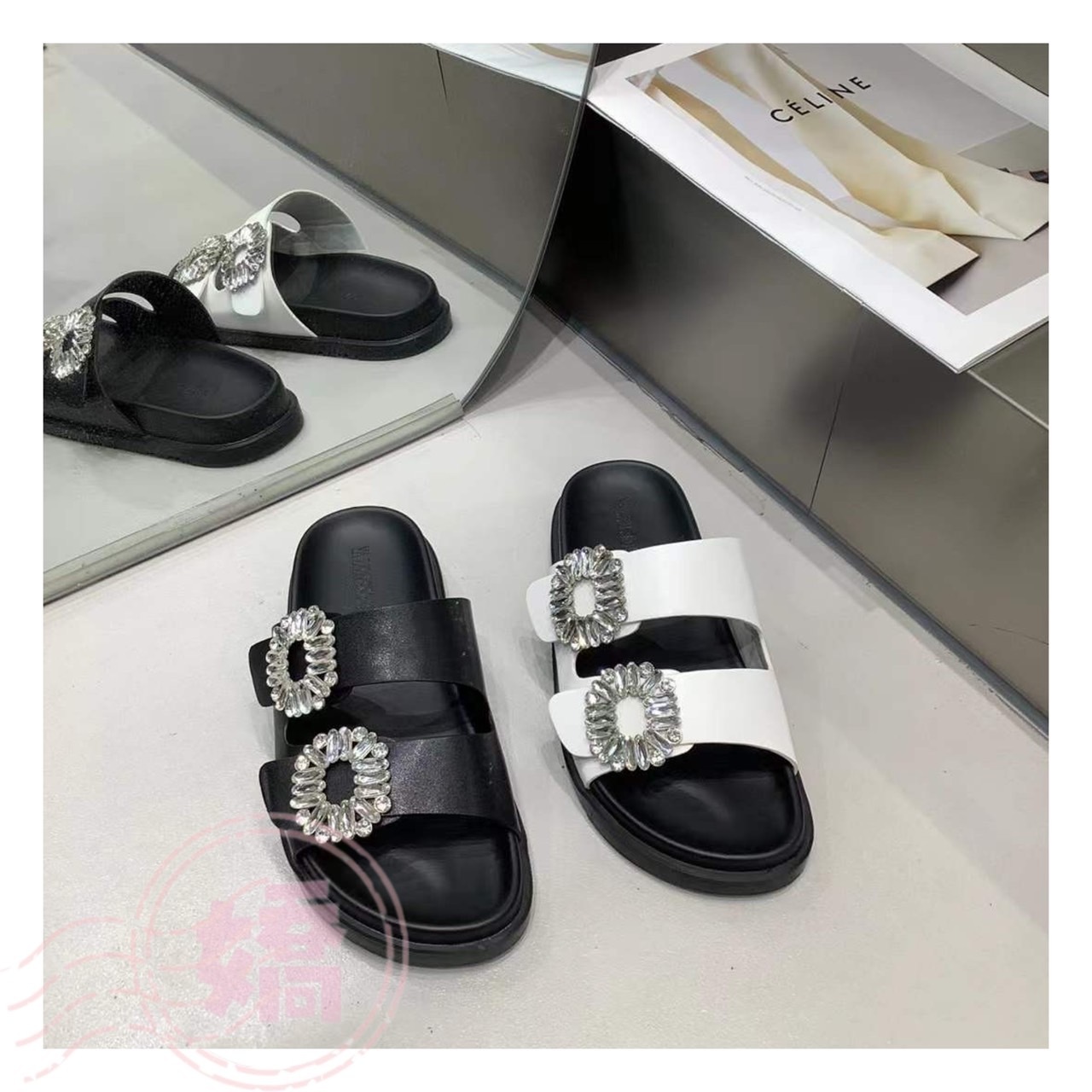 T27013復古真皮方釦水鑽雙帶拖鞋(白'黑)(225'230'235'240'245'250'255'260)