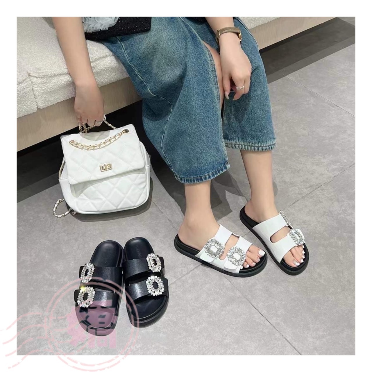 T27013復古真皮方釦水鑽雙帶拖鞋(白'黑)(225'230'235'240'245'250'255'260)