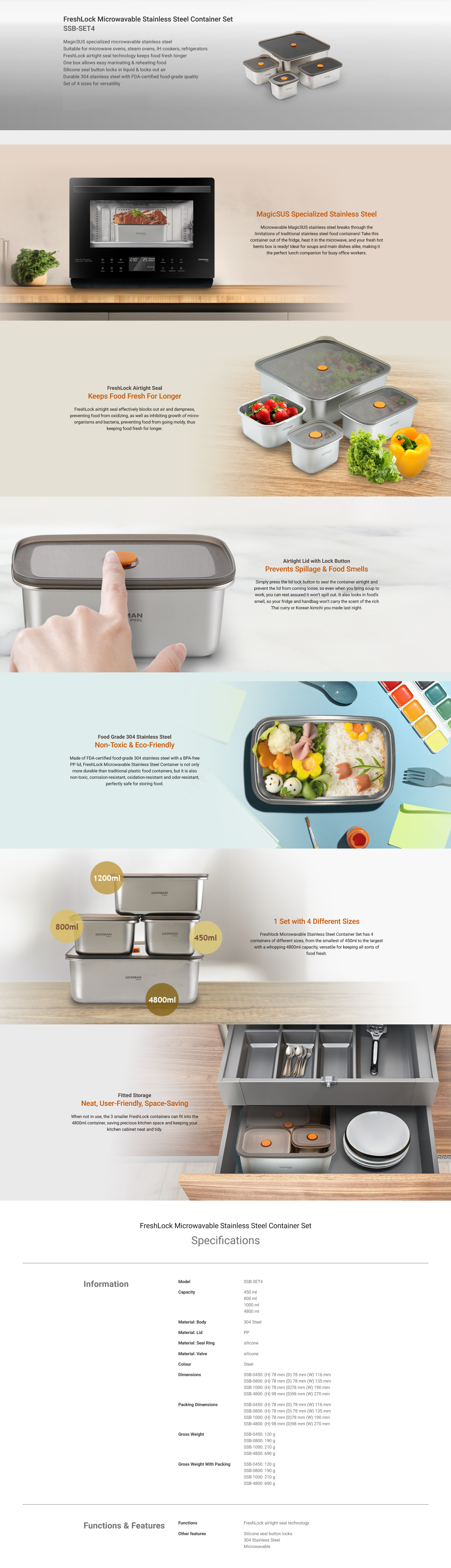 Microwave, Stainless Steel Container, good for steamers, ovens. IH cookers, refrigerators, airtight seal, keep food fresh