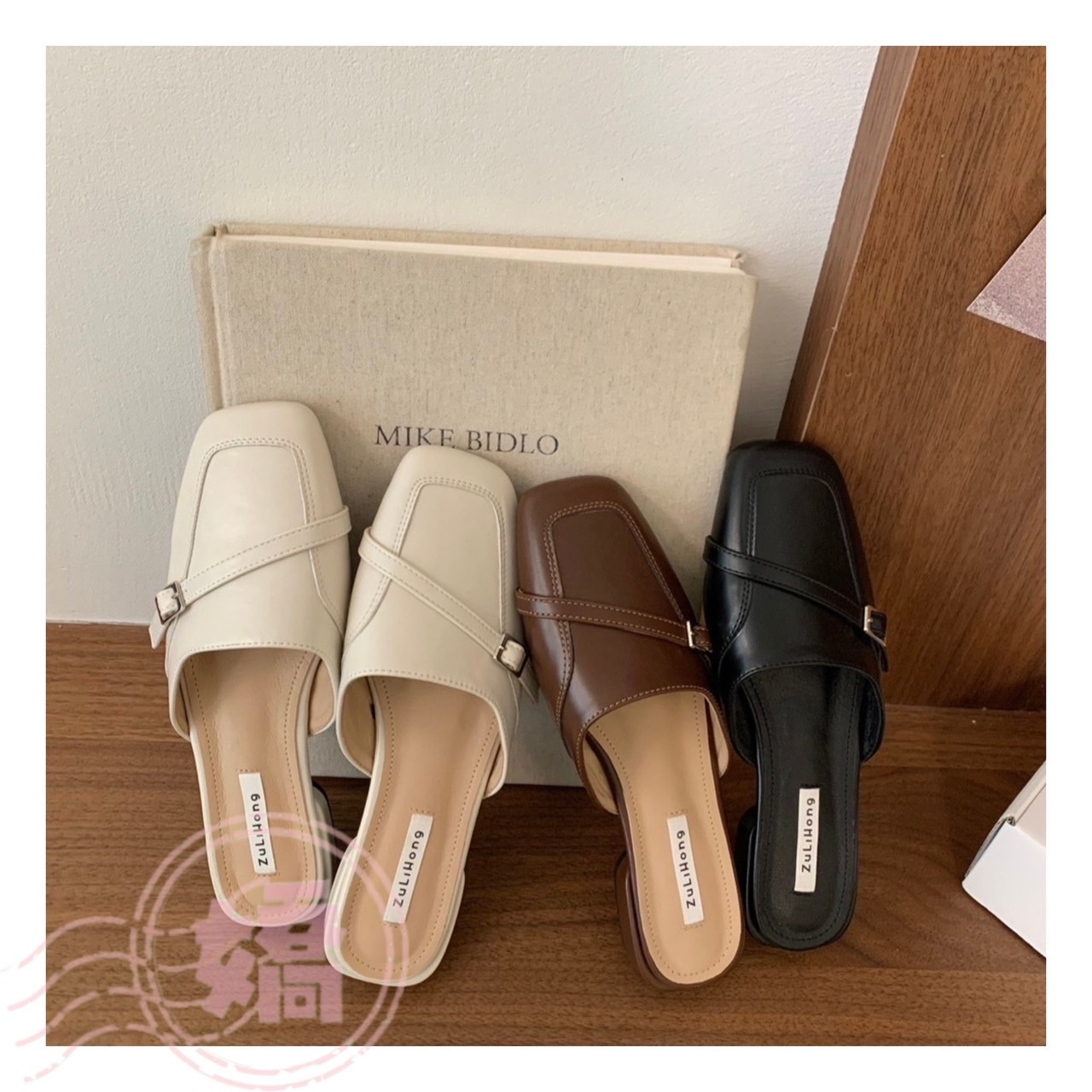 T27019復古方頭包頭氣質穆勒半拖(黑'白'棕)(225'230'235'240'245)