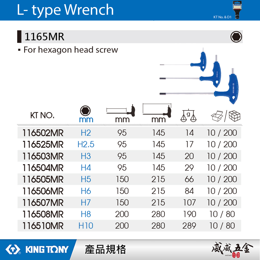 KING TONY 金統立 台灣製｜2-10mm 雙向六角板手 長型T型內六角板手 好握式握把｜1165MR
