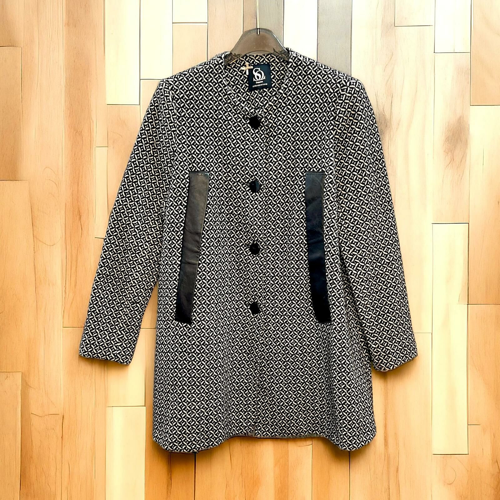 95％NEW 法國SINEQUANONE中長款斗篷式外套36碼 黑白羊毛拼羊皮 #SQ外套 #香榭站正品