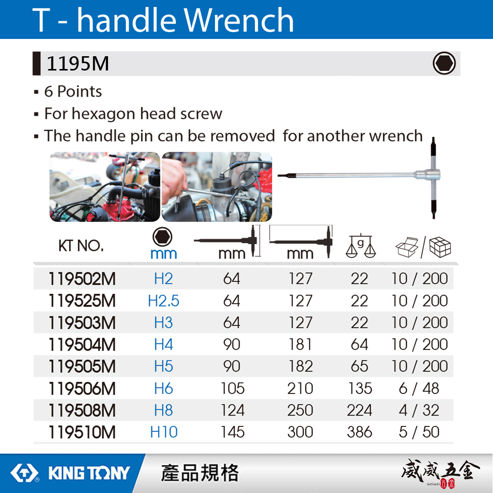 KING TONY 金統立｜2-10mm 三叉六角扳手 T型內六角板手 T型六角板手 六角頭起子｜1195M