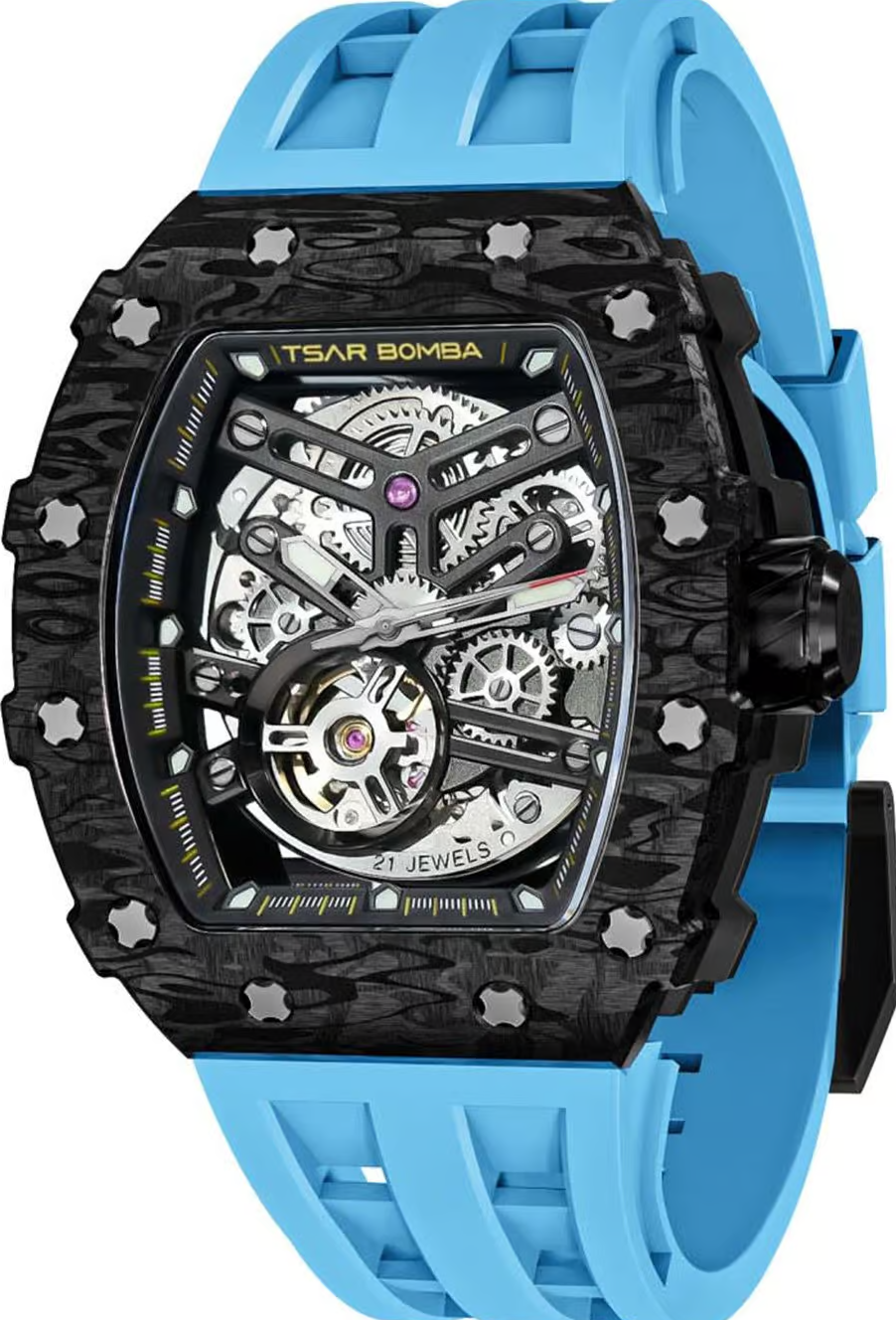 萬年鐘錶 - TSAR BOMBA 機械公爵 碳纖維錶框三眼計時藍色氟橡膠錶帶男錶  TB8208CF-11 錶徑 43MM