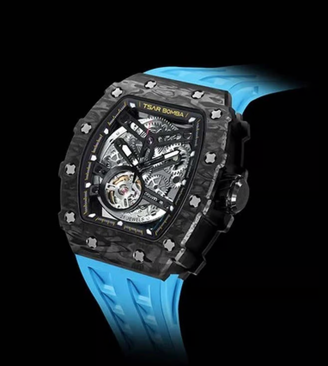 萬年鐘錶 - TSAR BOMBA 機械公爵 碳纖維錶框三眼計時藍色氟橡膠錶帶男錶  TB8208CF-11 錶徑 43MM