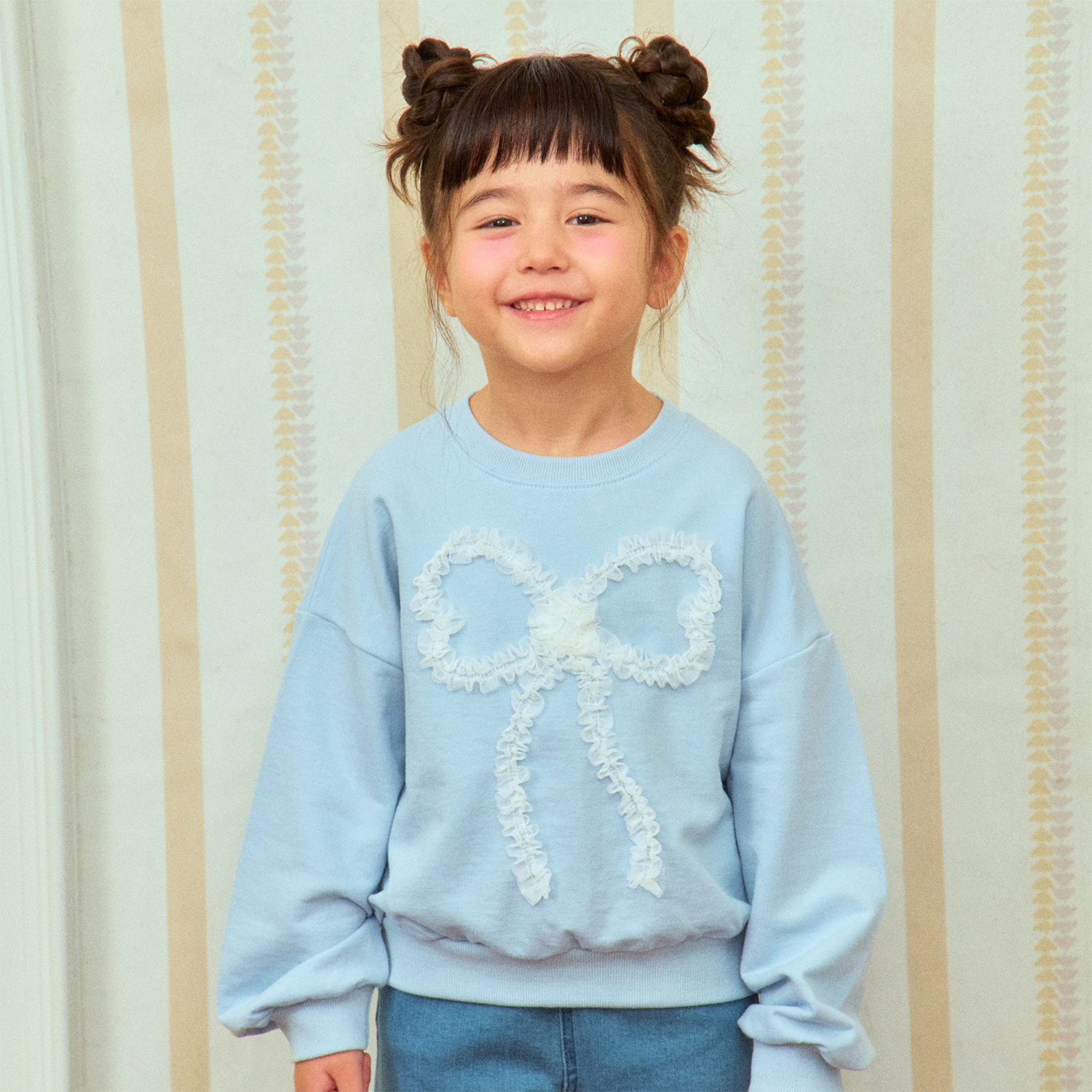 韓國 1st Blue-25春蕾絲蝴蝶結大學T-藍